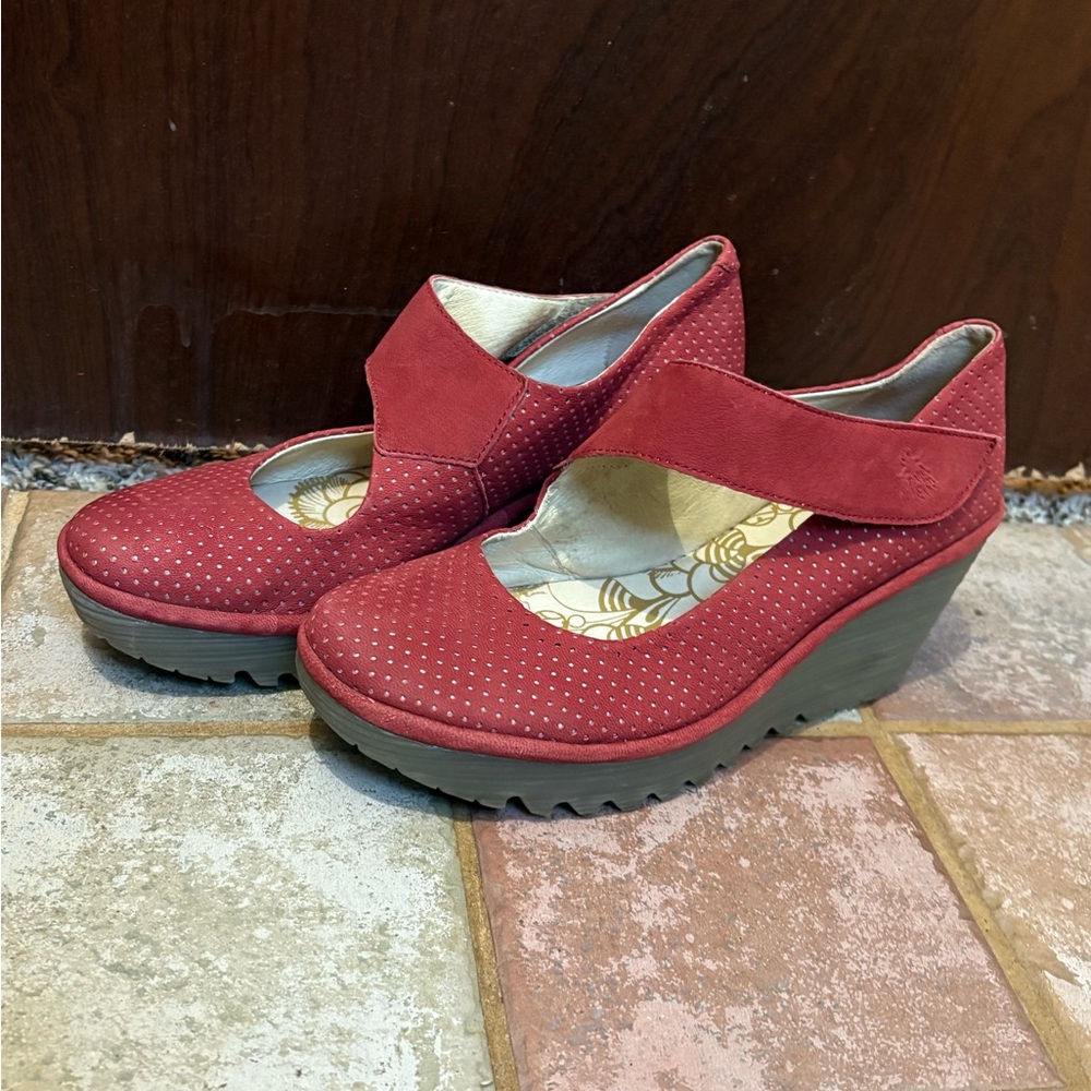 Fly London Perforated Red Wedge Shoes for Women Size 8